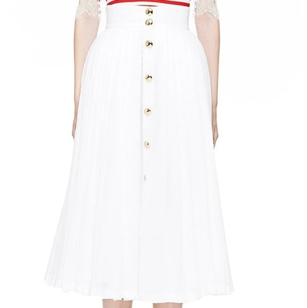 Natasha Zinko‎ Skirt Linen Gold Button High Waist Pleated Midi US 2